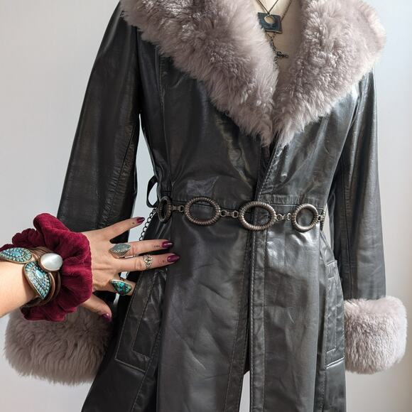 Vintage Blue Grey Leather Shearling Penny Lane Jacket Groovy Trench Coat Medium - Picture 5 of 9